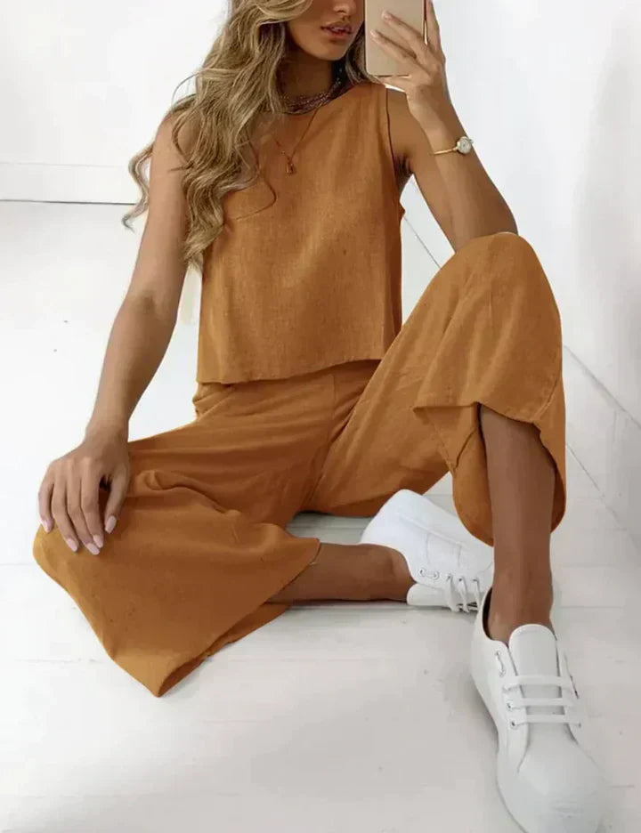 Damen Leinen Zweiteiler Set Ärmelloses und Weite Hose Leicht Beige