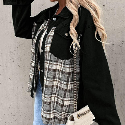 Damenjacke Kariert Denim-Look mit Knöpfen und Kragen