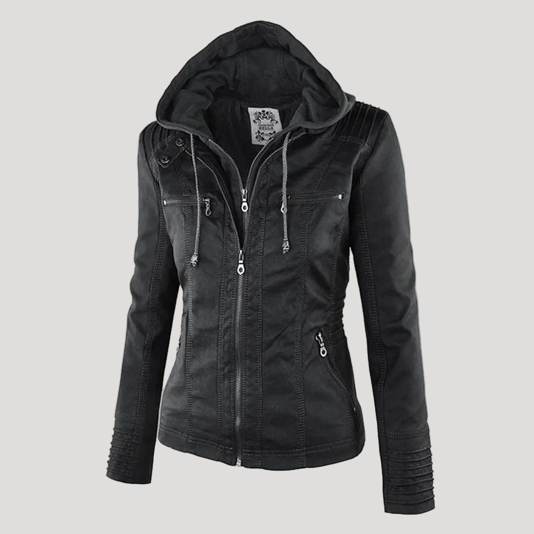 Eveloria Damen Faux Lederjacke Wetterfest Mit Kapuze - Eveloria