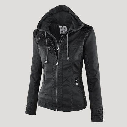 Eveloria Damen Faux Lederjacke Wetterfest Mit Kapuze - Eveloria