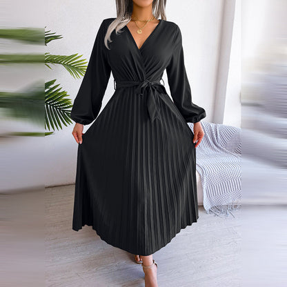Damen Maxikleid V-Ausschnitt Taillengürtel Plisseerock