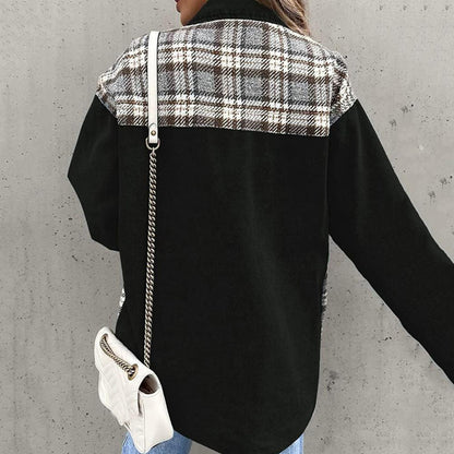 Damenjacke Kariert Denim-Look mit Knöpfen und Kragen