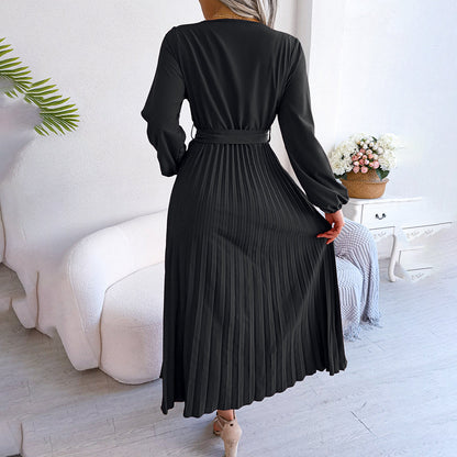 Damen Maxikleid V-Ausschnitt Taillengürtel Plisseerock