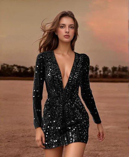 Damen Paillettenkleid Gold Durchsichtig für Party