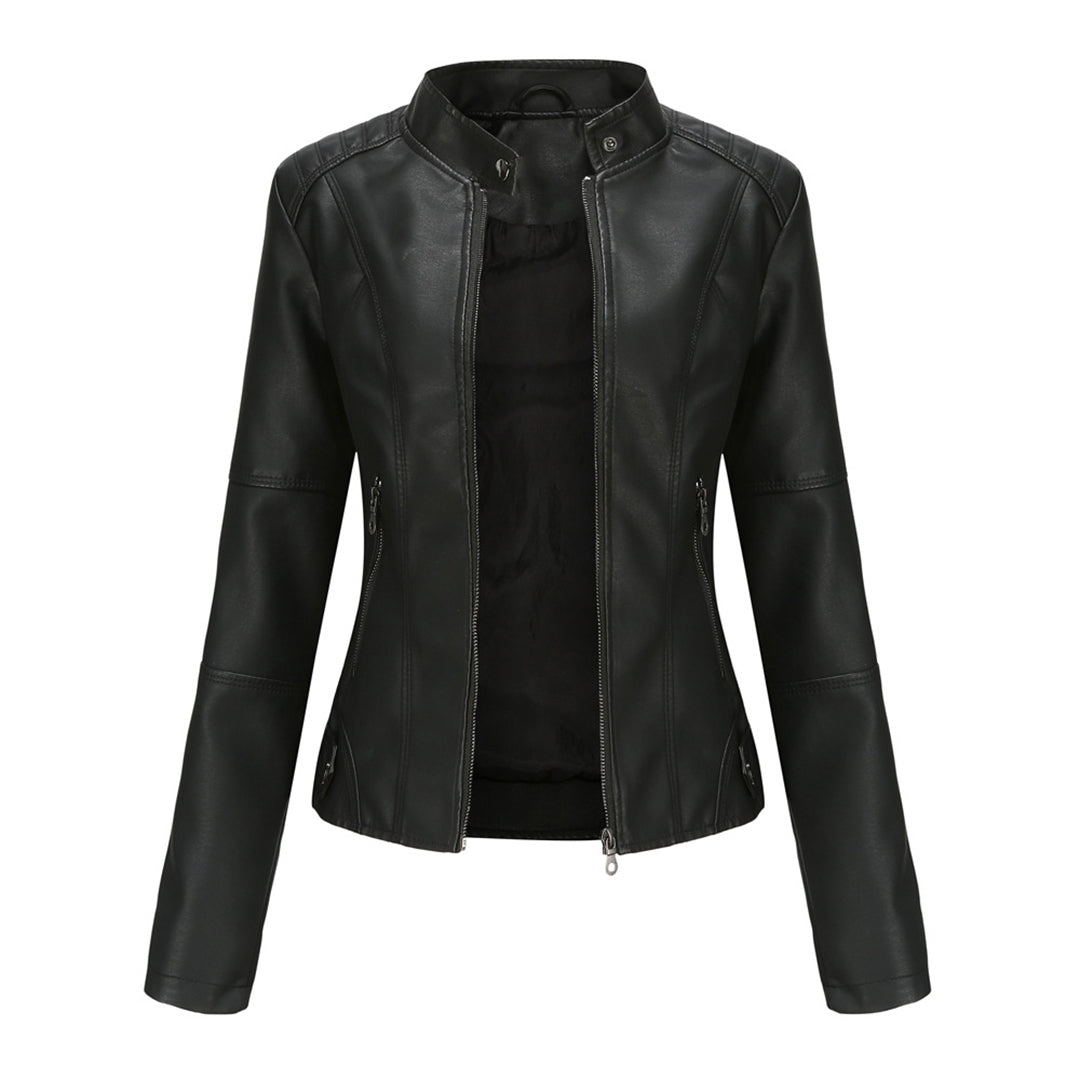 Damen Kunstleder Bikerjacke Reißverschluss Schwarz - Eveloria
