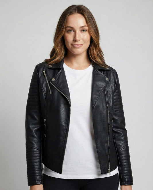 Damen Kunstlederjacke Elegantes Design Schwarz - Eveloria