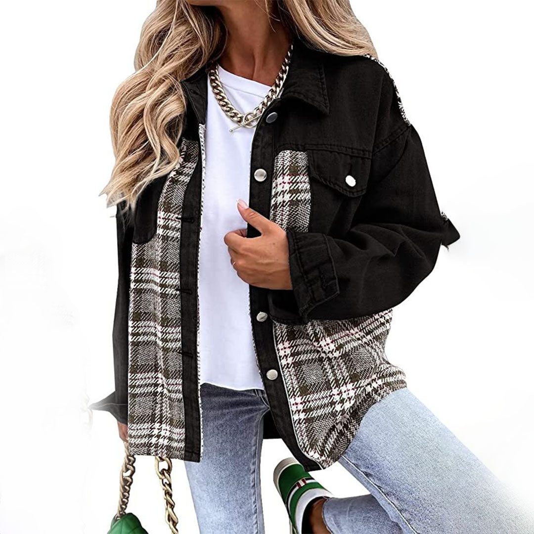 Damenjacke Kariert Denim-Look mit Knöpfen und Kragen - Eveloria