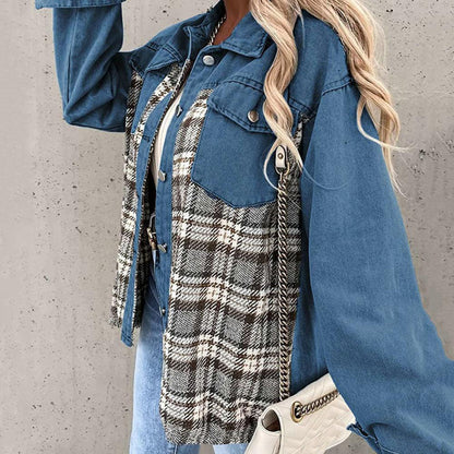 Damenjacke Kariert Denim-Look mit Knöpfen und Kragen