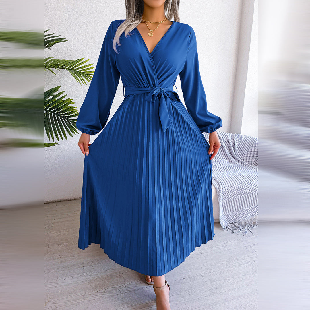Damen Maxikleid V-Ausschnitt Taillengürtel Plisseerock