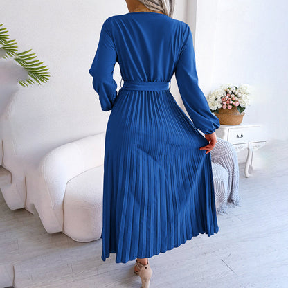 Damen Maxikleid V-Ausschnitt Taillengürtel Plisseerock