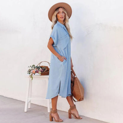 Eveloria Damen Denim-Kleid Färmel Blau