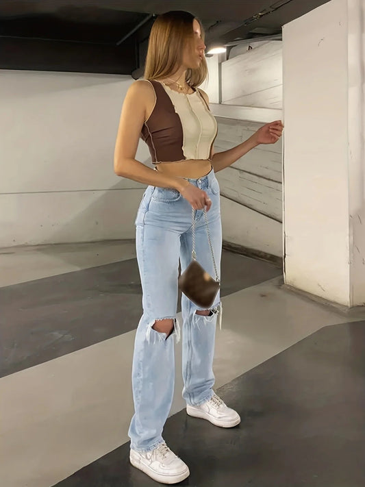 Eveloria Damen Ripped Jeans Hose Blau - Eveloria