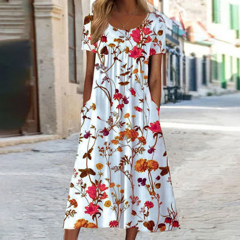Damen Sommerkleid Blumenmuster Midi mit Taschen - Eveloria