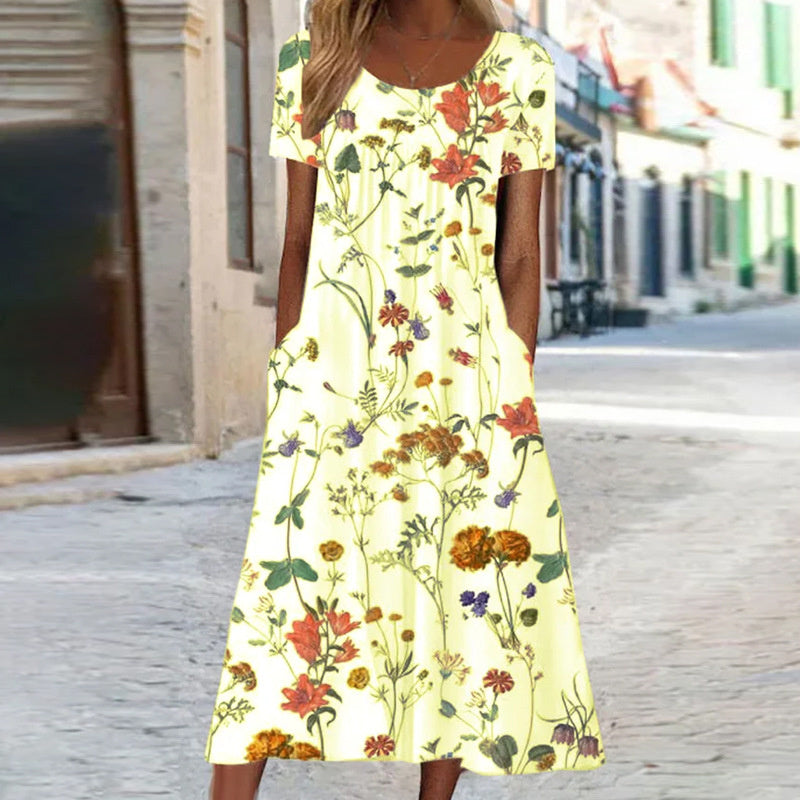 Damen Sommerkleid Blumenmuster Midi mit Taschen