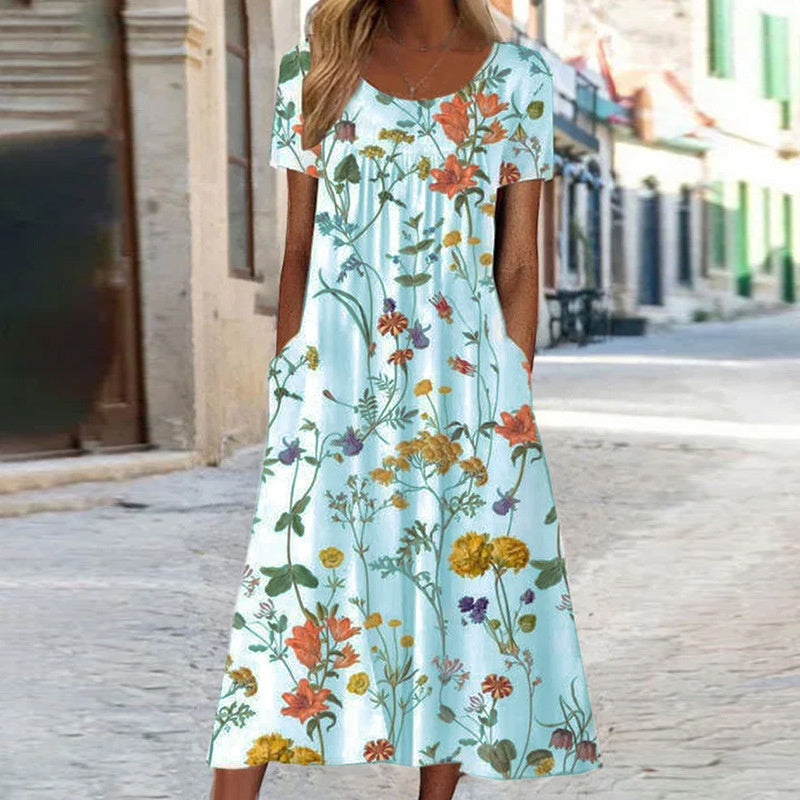 Damen Sommerkleid Blumenmuster Midi mit Taschen