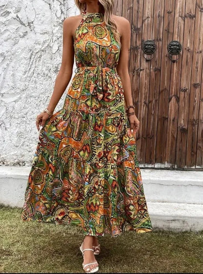 Damen Maxi-Kleid Retro-Halterneck Vintage-Look