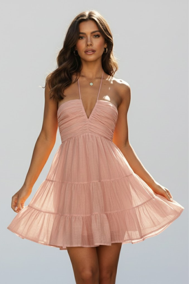 Damen Neckholder Minikleid Rüschenrock