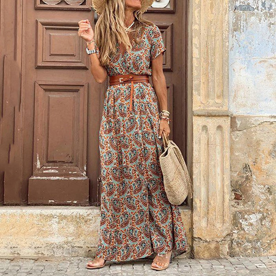 Boho Damen Maxikleid V-Ausschnitt Beinschlitz Bindegürtel Sommer