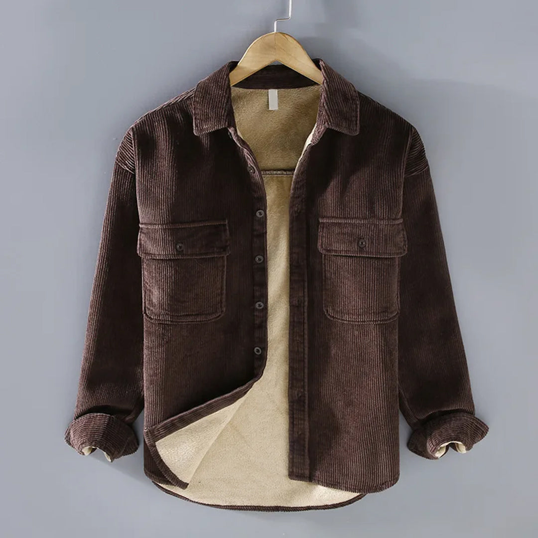 Rudolf Herren Cordovershirt Fleecefutter Umlegekragen Braun