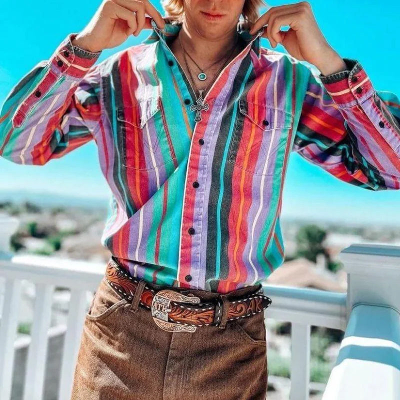 Button-Up-Hemd | Retro | Gestreift | Polohemd | Herrenhemden-Rot-M-Chaps Herrenmode