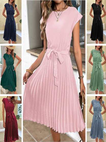 Damen Sommerkleid Kurzarm Knielang mit Taillengürtel und Faltenrock