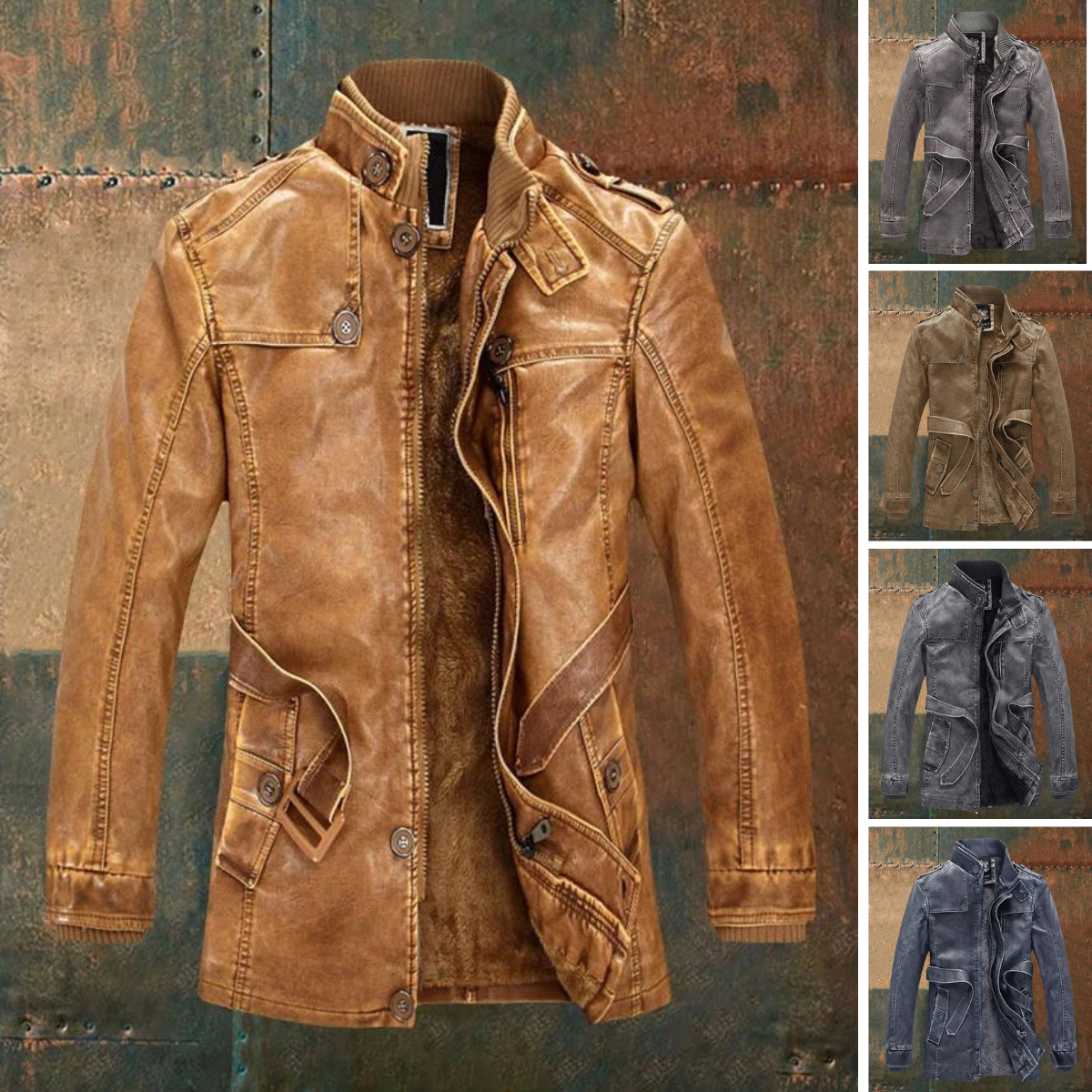Herren Lederlook Mantel Lang Vintage Stil