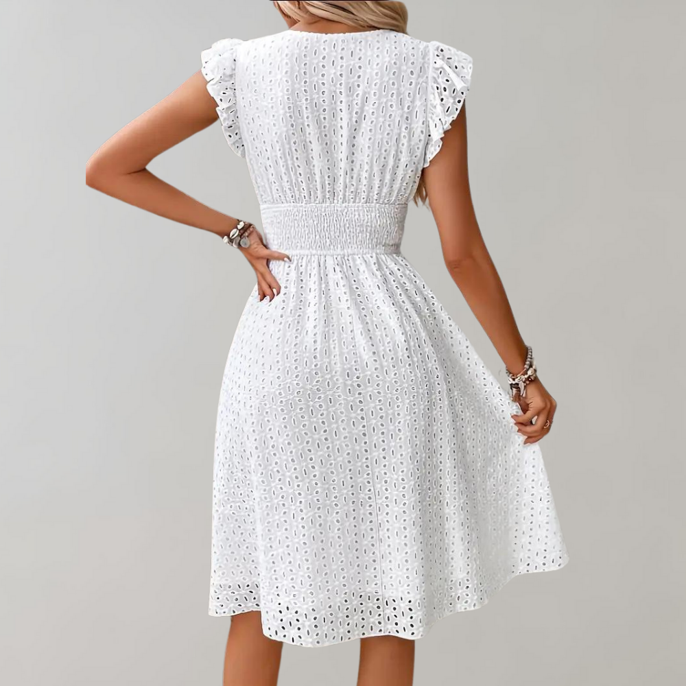 Damen Sommerkleid Weiß Rüschen V-Ausschnitt
