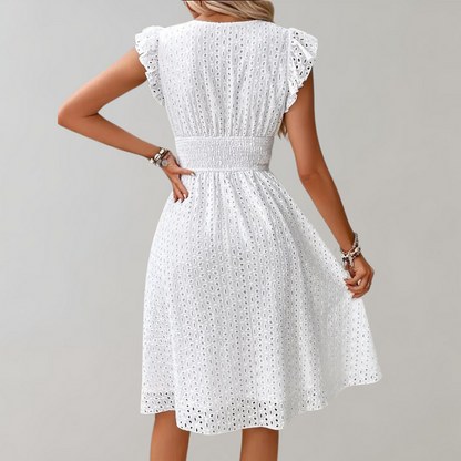 Damen Sommerkleid Weiß Rüschen V-Ausschnitt