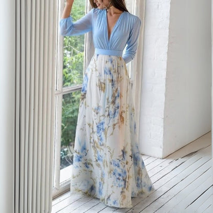 Damen Blumen Maxi-Kleid V-Ausschnitt