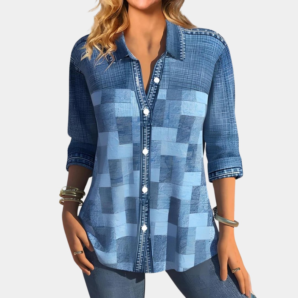 Damen Karo Bluse Langarm mit Hemdkragen und Knöpfen Beige - Eveloria
