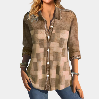 Damen Karo Bluse Langarm mit Hemdkragen und Knöpfen Beige