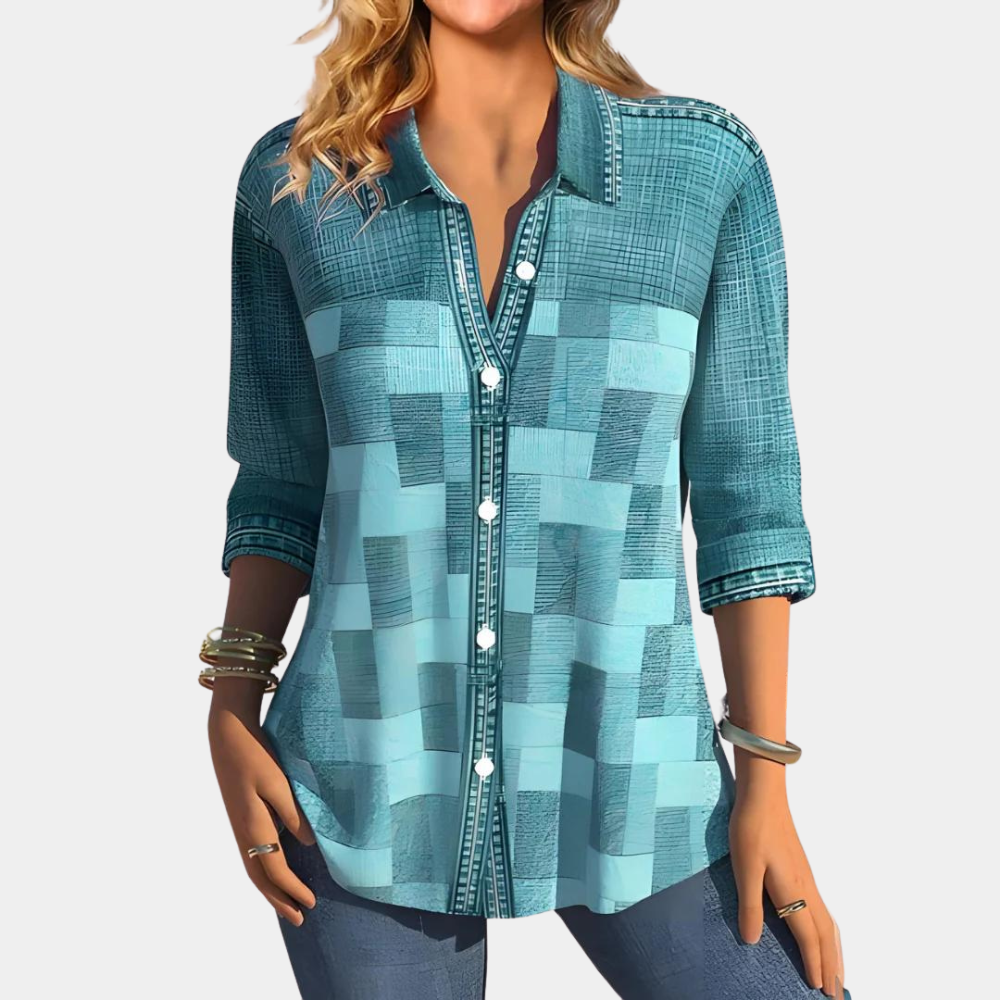 Damen Karo Bluse Langarm mit Hemdkragen und Knöpfen Beige