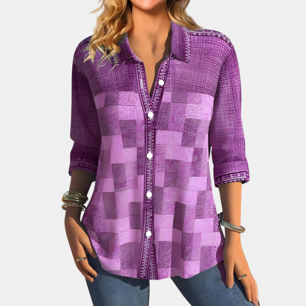 Damen Karo Bluse Langarm mit Hemdkragen und Knöpfen Beige