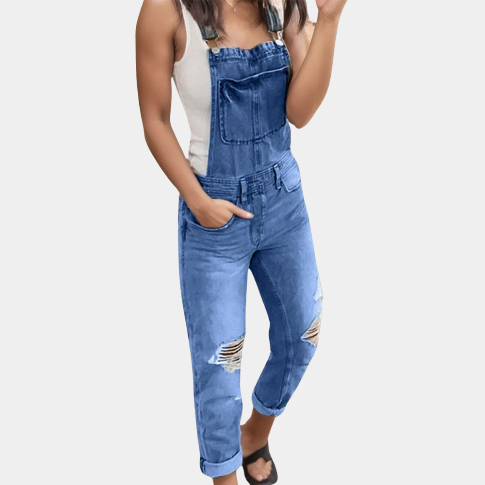 Eveloria Damen Zerrissene Latzhose Denim Blau
