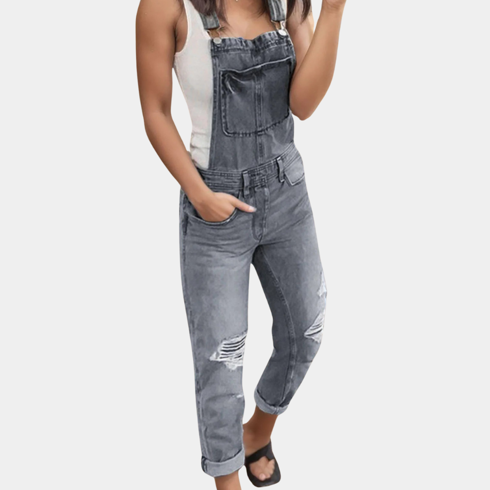 Eveloria Damen Zerrissene Latzhose Denim Blau - Eveloria