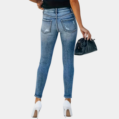 Damen Skinny Jeans Modische Knöpfe Blau - Eveloria