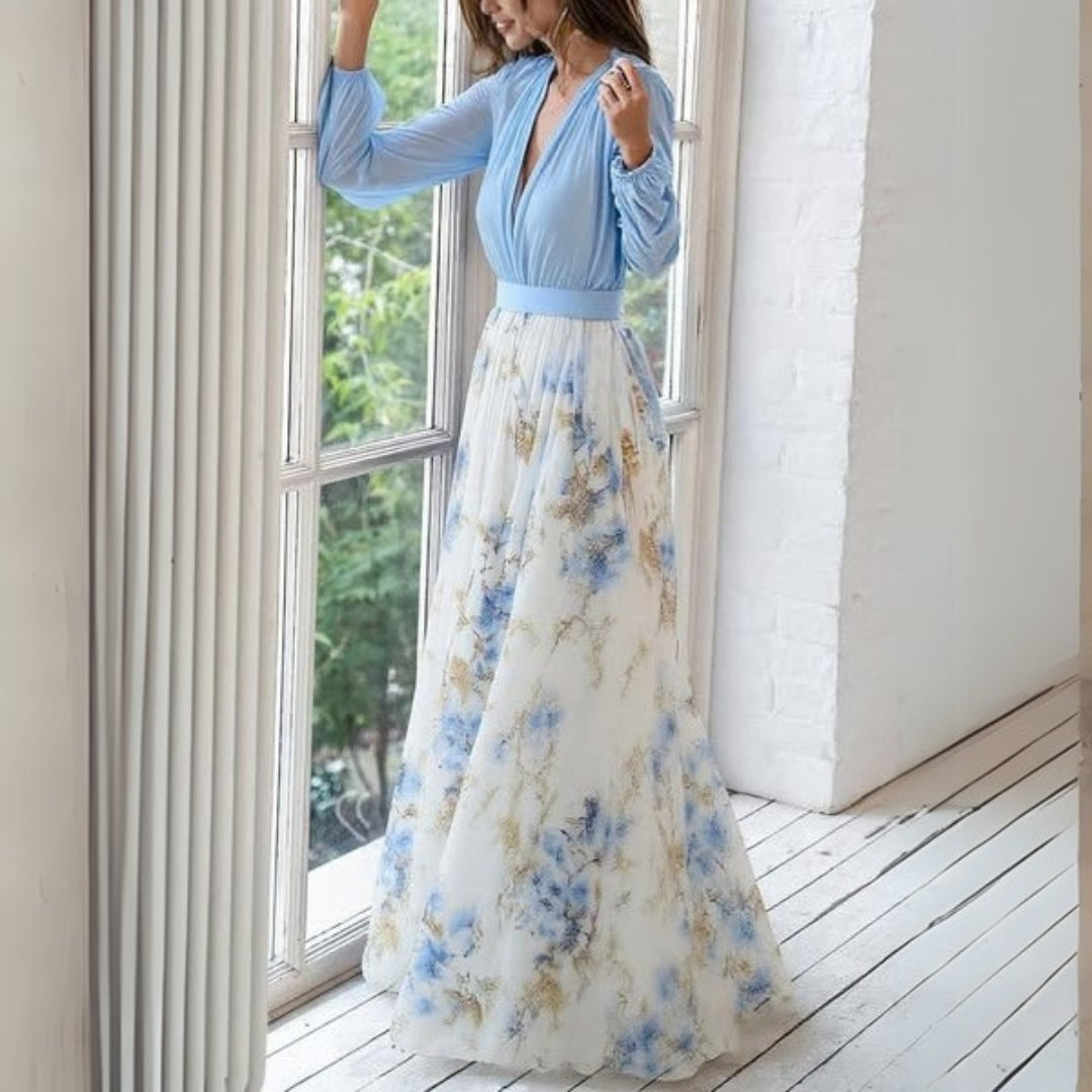 Damen Blumen Maxi-Kleid V-Ausschnitt