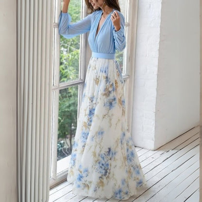 Damen Blumen Maxi-Kleid V-Ausschnitt