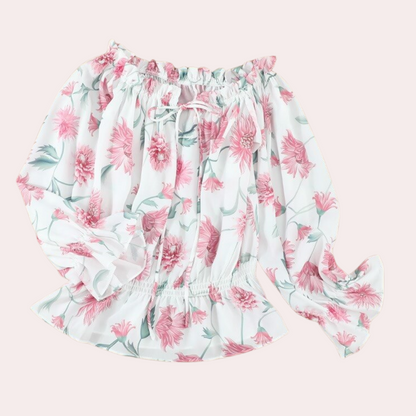 Damenbluse Schulterfrei Langer Puffärmel Floralmuster Sommerfarben