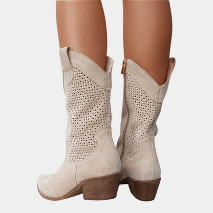 Eveloria Damen Cowboystiefel Atmungsaktives Leder Braun