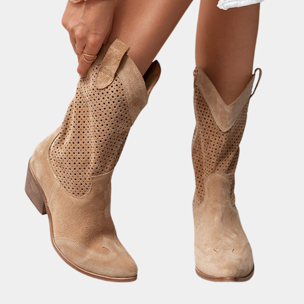 Eveloria Damen Cowboystiefel Atmungsaktives Leder Braun