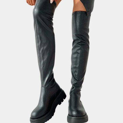 Damen Overknee Stiefel Schick Leder Schwarz - Eveloria