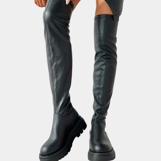 Damen Overknee Stiefel Schick Leder Schwarz - Eveloria