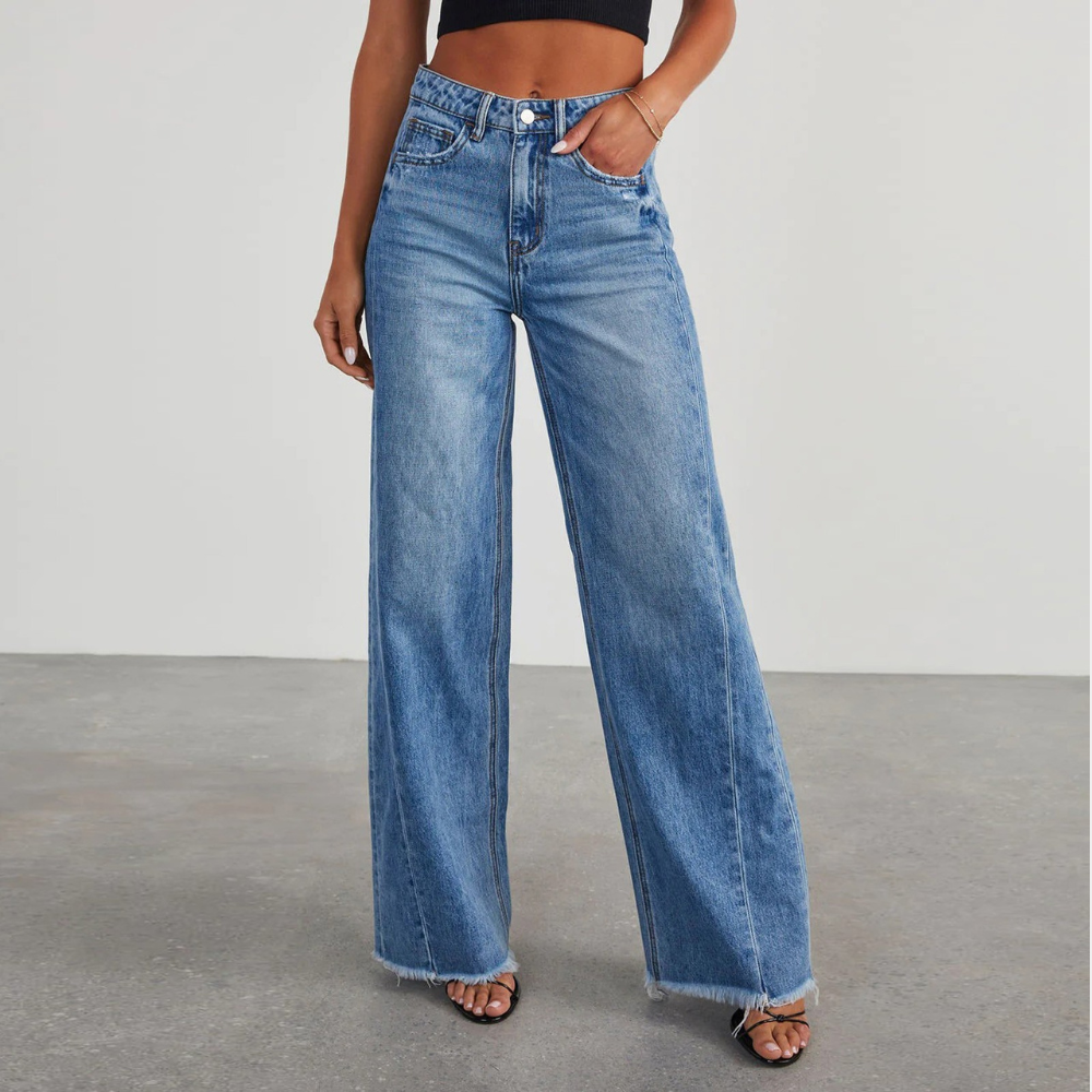 Damen Weite Gerade Jeans Vintage Gewaschen Blau - Eveloria