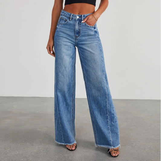 Damen Weite Gerade Jeans Vintage Gewaschen Blau - Eveloria