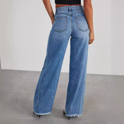 Damen Weite Gerade Jeans Vintage Gewaschen Blau