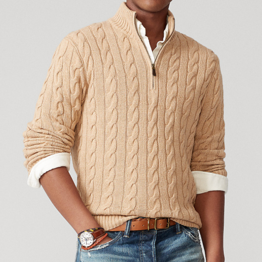 Herren Strickpullover Viertelzip Zopfmuster Grau