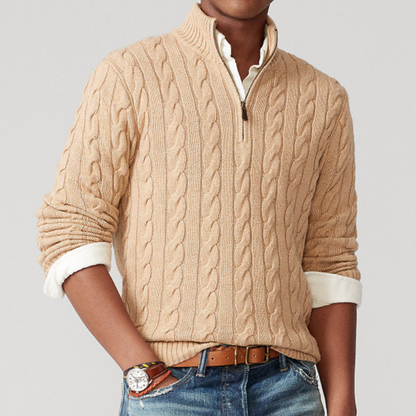Herren Strickpullover Viertelzip Zopfmuster Grau