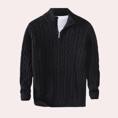 Herren Strickpullover Viertelzip Zopfmuster Grau
