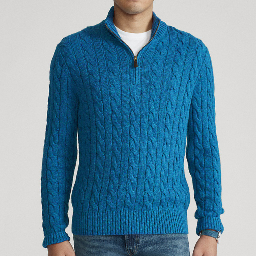 Herren Strickpullover Viertelzip Zopfmuster Grau